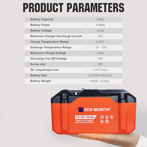 ECO-WORTHY 2 Pack Portable 12V 20AH LiFePO4 Battery, Lithium Deep Cycle Rechargeable Battery, Built-in BMS, 4000+ Cycles,Perfect for Outdoor Camping Fishing Marine Trolling Motor Fishfinder RV