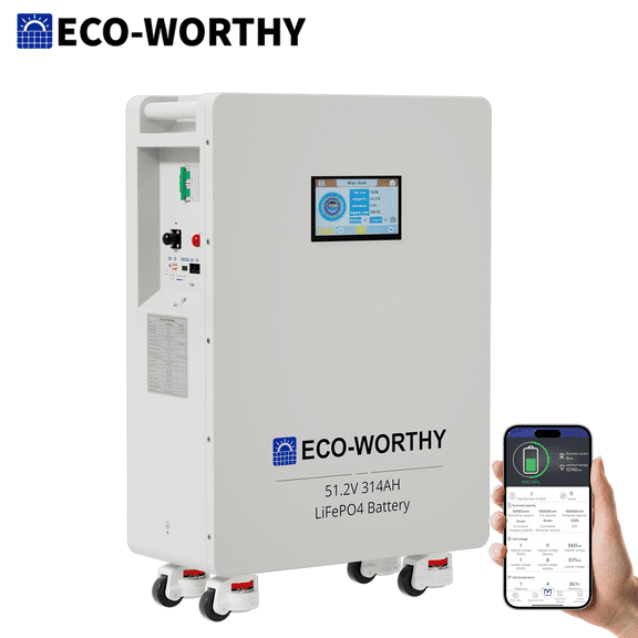 ECO-WORTHY 48V 314Ah LiFePO4 Lithium Battery, 16.07kWh Floor Standing Home Energy Storage with 200A Max Charge/Discharge, RS485/CAN/RS232, Up to 15 Parallel, Solar Backup Battery for Off-Grid and UPS