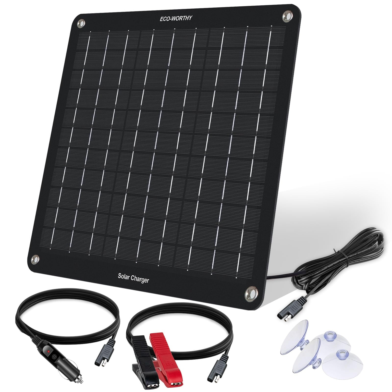 ECO-WORTHY Upgraded 5W Solar Car Battery & Trickle 12V Battery Maintainer Charger Monocrystalline Waterproof Solar Panel with Cigarette Lighter Plug & Alligator Clip for Car Boat Automotive RV
