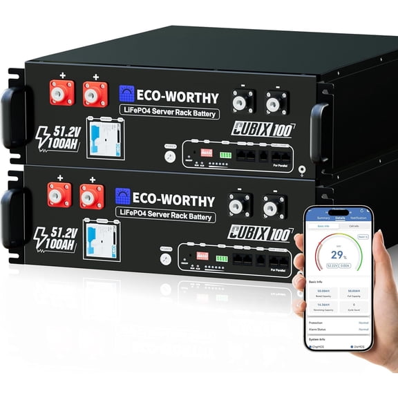 ECO-Worthy (Cubix 100) 48V 200Ah LiFePO4 Lithium Battery (2 Pack 48V 100AH) w/Bluetooth | UL1973 & UL9540A & CEC Listed | 10.24KWh Server Rack Battery for Solar Energy Storage, Home Backup Power