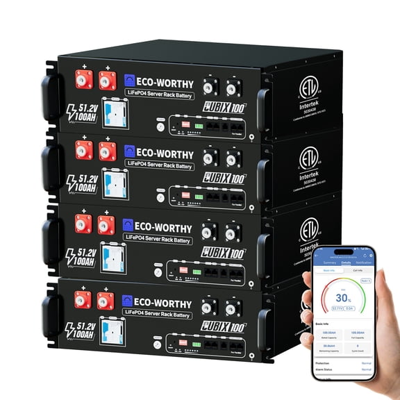ECO-Worthy (Cubix 100) 48V 400Ah LiFePO4 Lithium Battery (4 Pack 48V 100AH) w/Bluetooth | UL1973 & UL9540A & CEC Listed | 10.24KWh Server Rack Battery for Solar Energy Storage, Home Backup Power