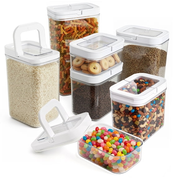 ECOBERI FlipLock Pantry Airtight Canisters, 7-Piece Rectangular Set, One-Hand Flip Handle Lids, Modular Stackable Pantry Containers (3cup15cup)