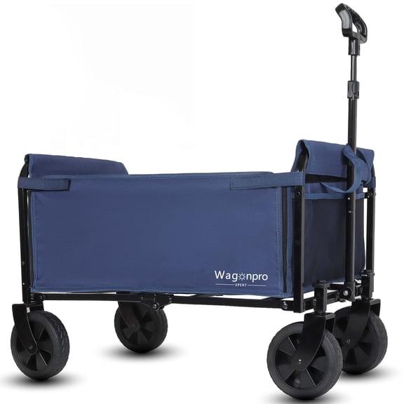 ECOBUY All-in-One Convertible Folding 4-Wheel Trolley with Bench Seat and Dog Leash - Heavy Duty Utility Cart for Camping, Beach, Shopping, Dark Blue Steel