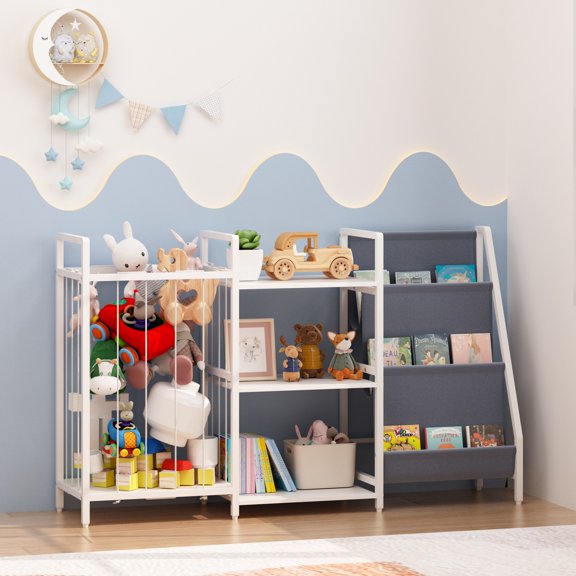 ECOBUY Kids Bookshelf and Toy Storage, 3-in-1 Sling Bookcase with Stuffed Animal Storage, Gray Particle Board, 48.8" Length