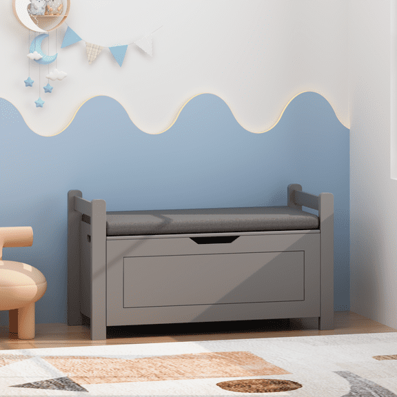 ECOBUY Kids Toy Box Chest with Cushion Seat, Flip-Top Lid & Safety Hinge, Gray MDF, 35"L
