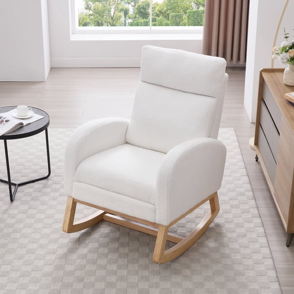 ECOBUY White Teddy Fabric Rocking Chair with Adjustable Footstool ...