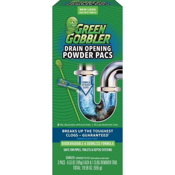EcoClean Solutions Gobbler Drain Cleaner GGDC3SEMR - Powder, Green Scent - 3 Pack, 3.5 Oz