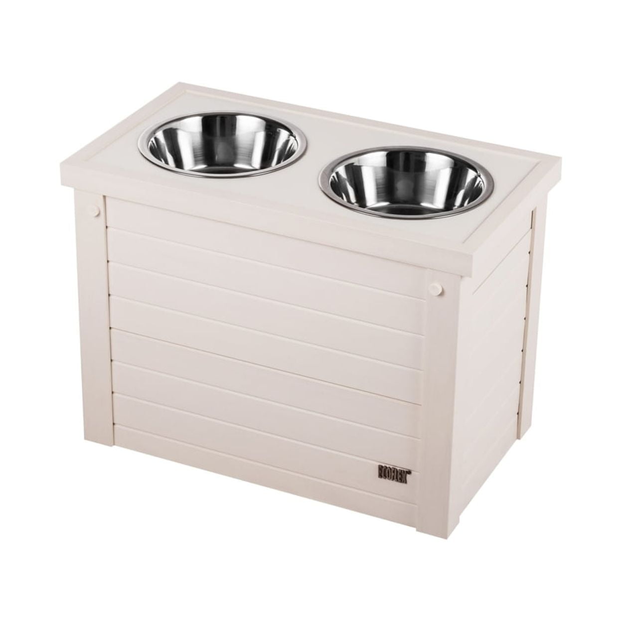 Two Bowl Small Size Elevated Pet Feeder in White with a Chalkboard Front  (W-chalk, 2 bowl 4”)