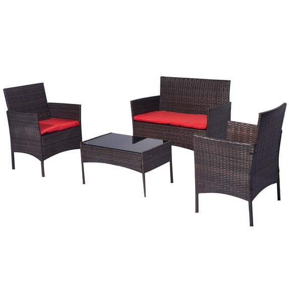 ECOLINEAR 4 Pieces Patio Furniture Set, Outdoor Conversation Sets, Wicker Rattan Chairs for Garden Backyard Balcony Porch Poolside, Patio Bistro Set with Glass Table and Soft Cushions (Red)