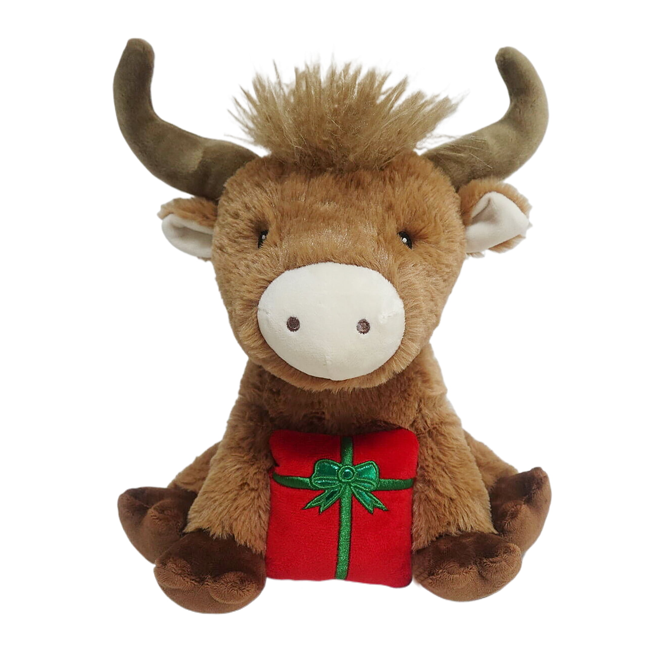 Vibrant Life Holiday Plush Dog Toy, Highland Cow with Present, Brown and Red, 11"