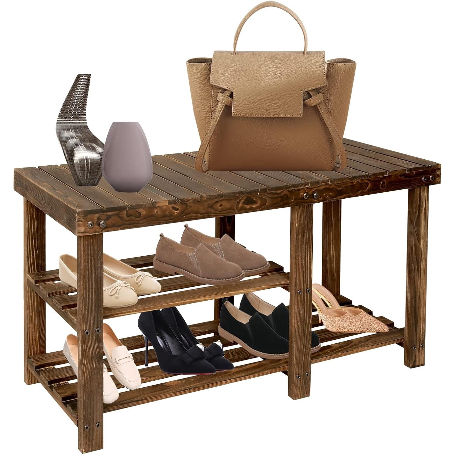 ECOMEX Shoe Rack Bench, 3-Tier Wood Shoe Bench with Boot Organizer ...