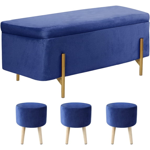 ECOMEX Velvet Storage Bench for Bedroom with 3 Footstool, 43 Inches Large Storage Footstool, Upholstered End of Bed Bench with Gloden Metal Legs, Large Ottoman for Bedroom, Living Room,Entryway(Blue)