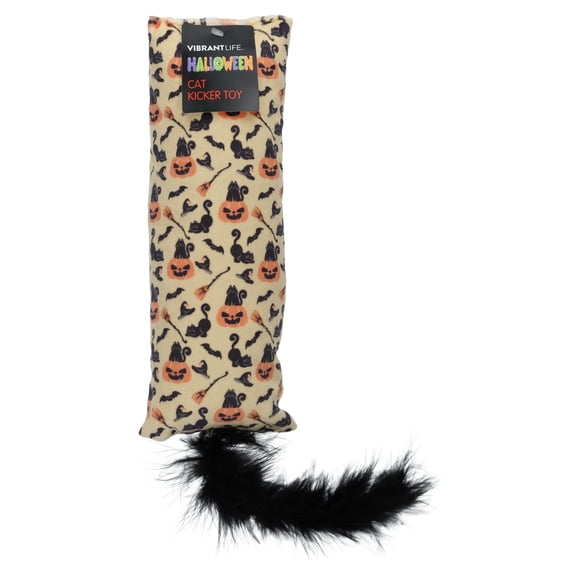 Vibrant Life Halloween Cat Kicker Toy with Feather, Cats and Pumpkins, Orange and Black