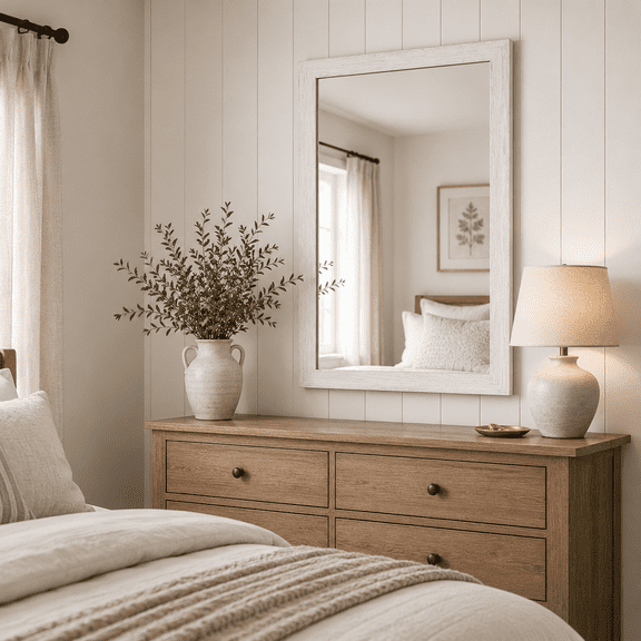 ECONOVI 24" x 36" Distressed White Farmhouse Wall Mirror, Rustic Bathroom Vanity Mirror, 2-Way Mount