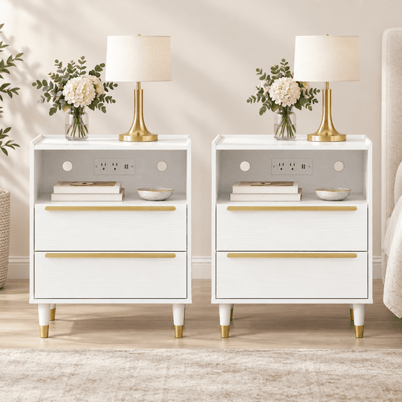 ECONOVI White & Gold Nightstand with Charging Station, 2-Drawer Bedside ...