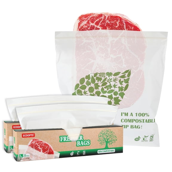 ECOOPTS 100% Compostable Large Freezer Zip Bags50 | ECO-Friendly Food Storage Bags | Freezer Bag | Plant-Based BPA-free | Seal well for Fruit,Food and Snack (2Pack, Large Size)