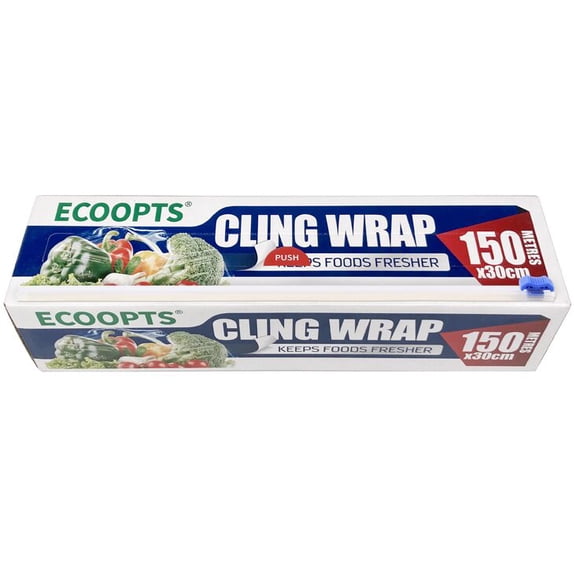 ECOOPTS Plastic Food Wrap with Dispenser & Cutter | Microwave & Freezer Safe Catering Cling Film | 30cm x150m(The Slide Cutter stored in the Inner core of the roll)