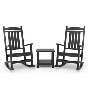 ECOPATIO 3-Piece Outdoor Rocking Chair Set of 3,All Weather Poly Lumber Adirondack Rocker Chair with High Back,Black