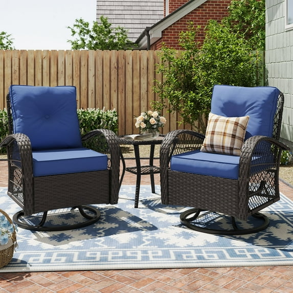 MRUAKA 3 Pieces Patio Furniture Set, Outdoor Swivel Gliders Rocker, Wicker Patio Bistro Set with Rattan Rocking Chair, Glass Top Side Table and Thickened Cushions for Porch Deck Backyard(Blue)