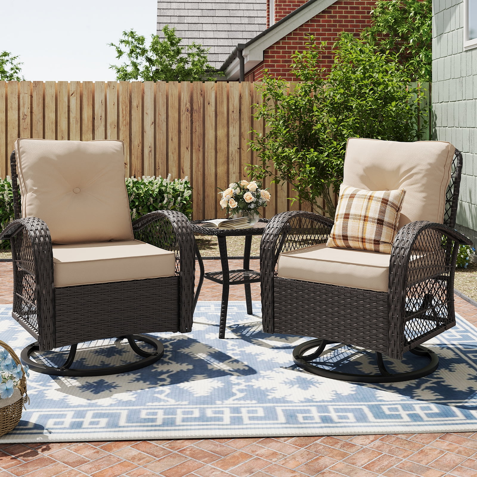 MRUAKA 3 Pieces Patio Furniture Set, Outdoor Swivel Gliders Rocker, Wicker Patio Bistro Set with Rattan Rocking Chair, Glass Top Side Table and Thickened Cushions for Porch Deck Backyard(Khaki)