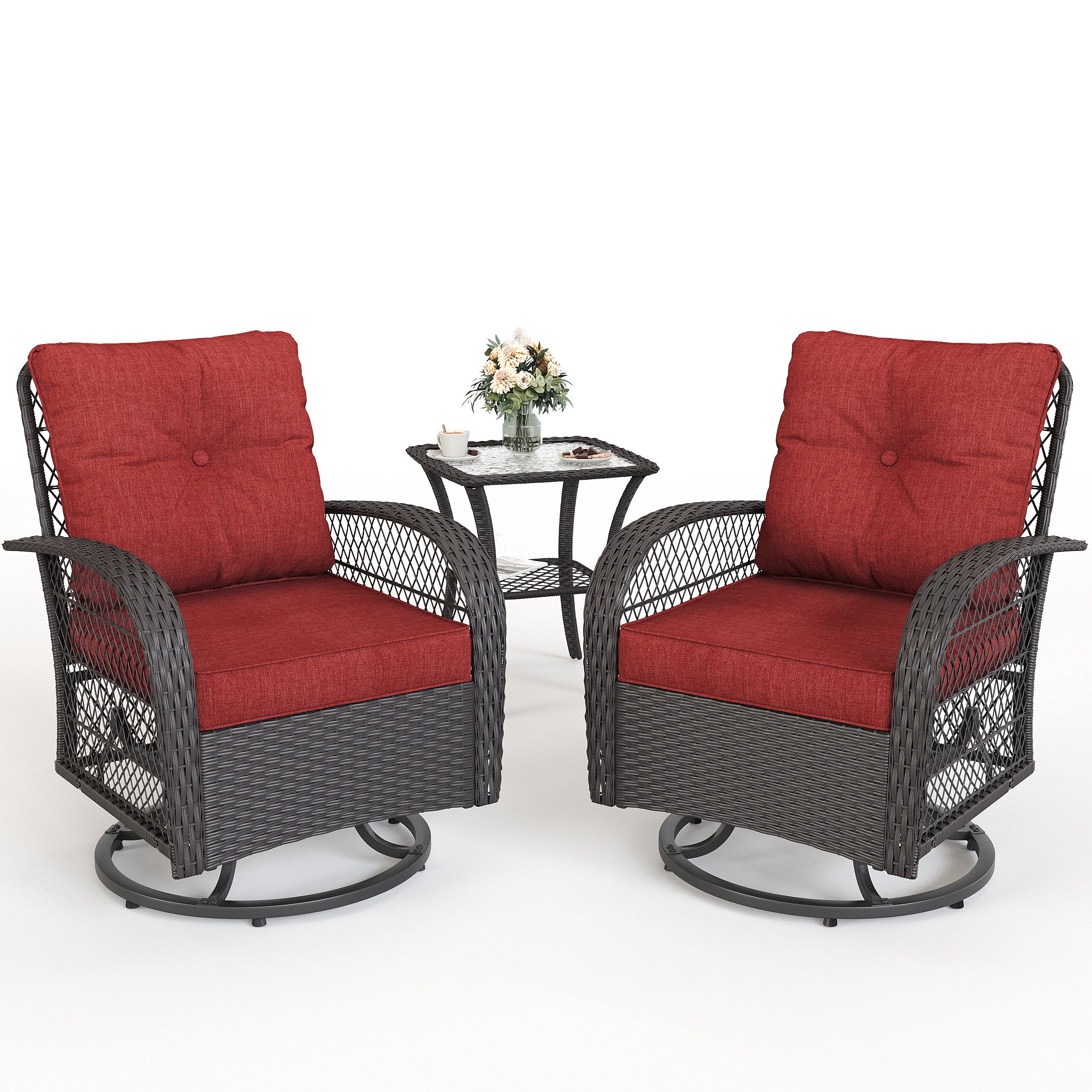 Red Cushioned Wicker Patio Bistro Set with Swivel Rocking Chairs