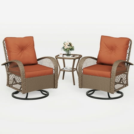 MRUAKA 3 Pieces Patio Furniture Set, Outdoor Swivel Gliders Rocker, Wicker Patio Bistro Set w Rattan Rocking Chair, Glass Top Side Table Thickened Cushions for Porch Deck Backyard (Red)