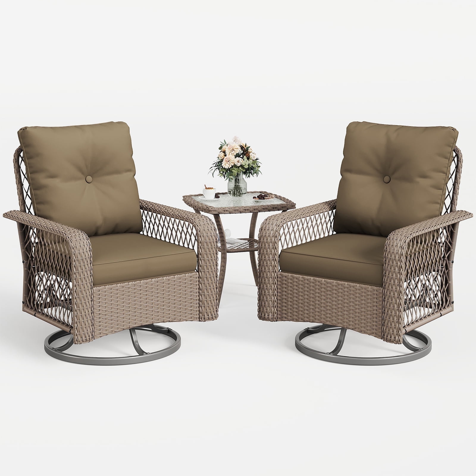 MRUAKA 3 Pieces Patio Furniture Set, Outdoor Swivel Gliders Rocker, Wicker Patio Bistro Set w Rattan Rocking Chair, Glass Top Side Table Thickened Cushions for Porch Deck Backyard (Khaki)