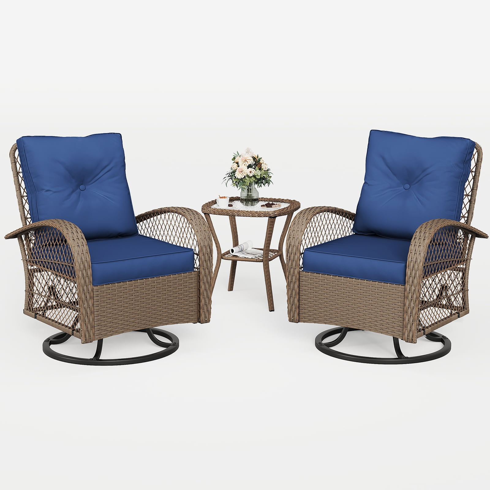 MRUAKA 3 Pieces Patio Furniture Set, Outdoor Swivel Gliders Rocker, Wicker Patio Bistro Set w Rattan Rocking Chair, Glass Top Side Table Thickened Cushions for Porch Deck Backyard (Navy)