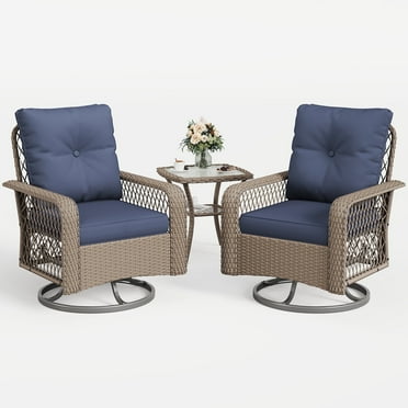 ECOPATIO 3 Pieces Patio Furniture Set, Outdoor Swivel Gliders Rocker, Wicker Patio Bistro Set w Rattan Rocking Chair, Glass Top Side Table Thickened Cushions for Porch Deck Backyard (Navy)