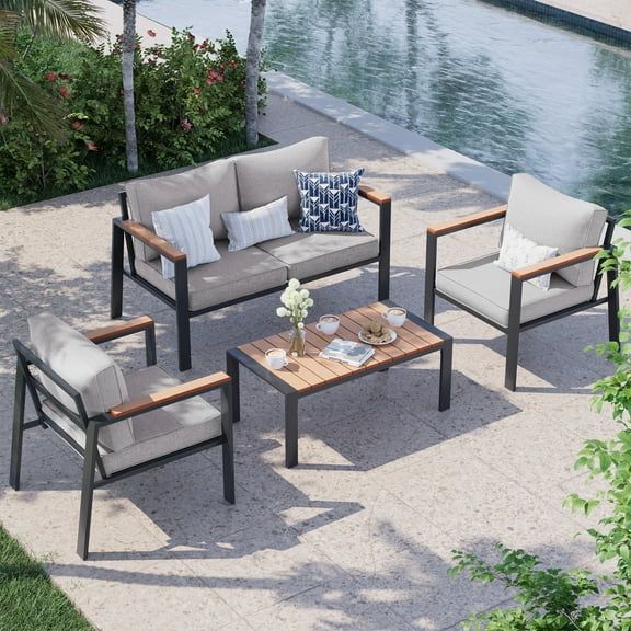 ECOPATIO 4 Pieces Metal Patio Furniture Set, Modern Outdoor Patio Furniture with Wood Armrest and Thickened Cushions Comfy Patio Sofa for Balcony, Deck and Poolside(Light Grey)