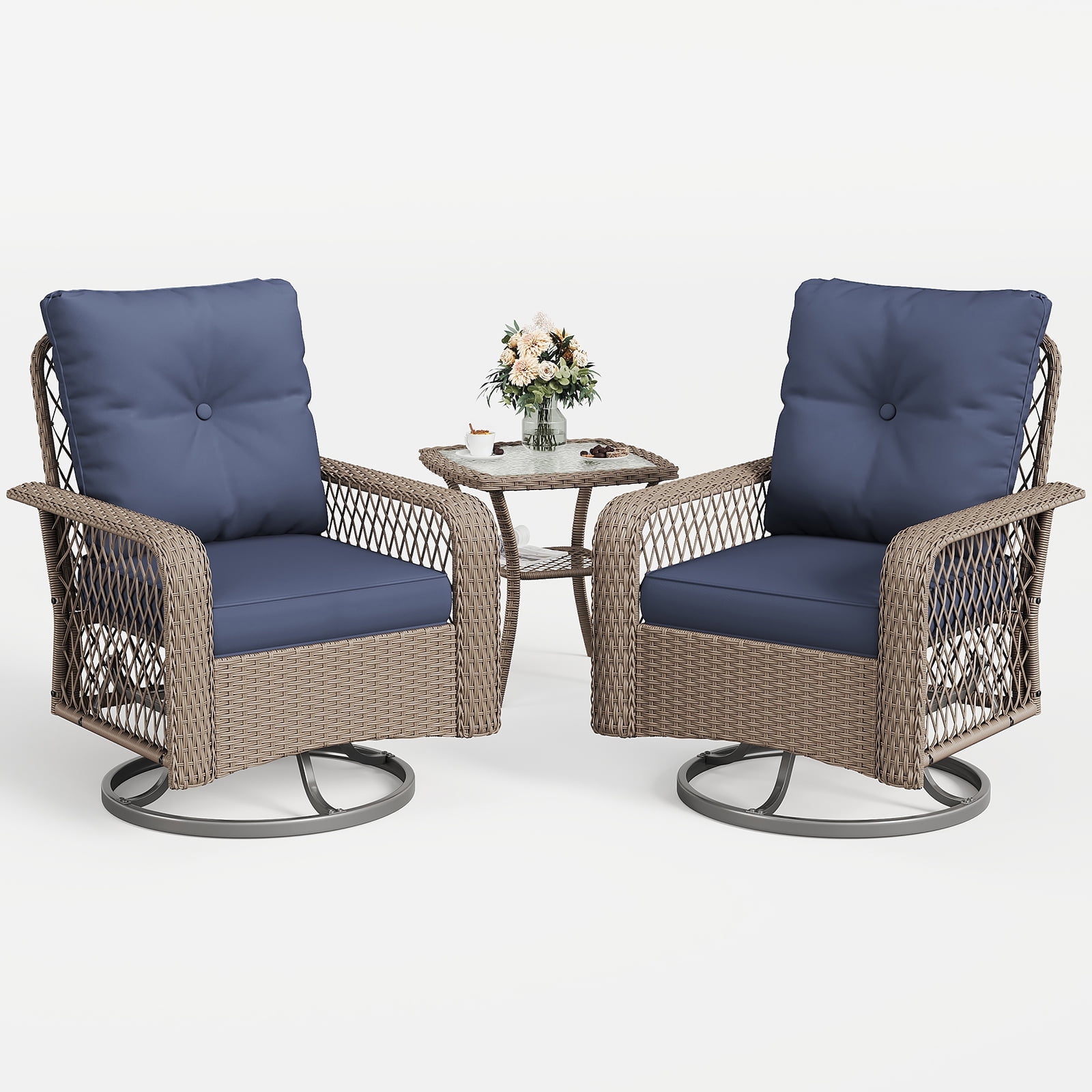 MRUAKA 3 Pieces Patio Furniture Set, Outdoor Swivel Gliders Rocker, Wicker Patio Bistro Set with Rattan Rocking Chair, Glass Top Side Table and Thickened Cushions（Blue）