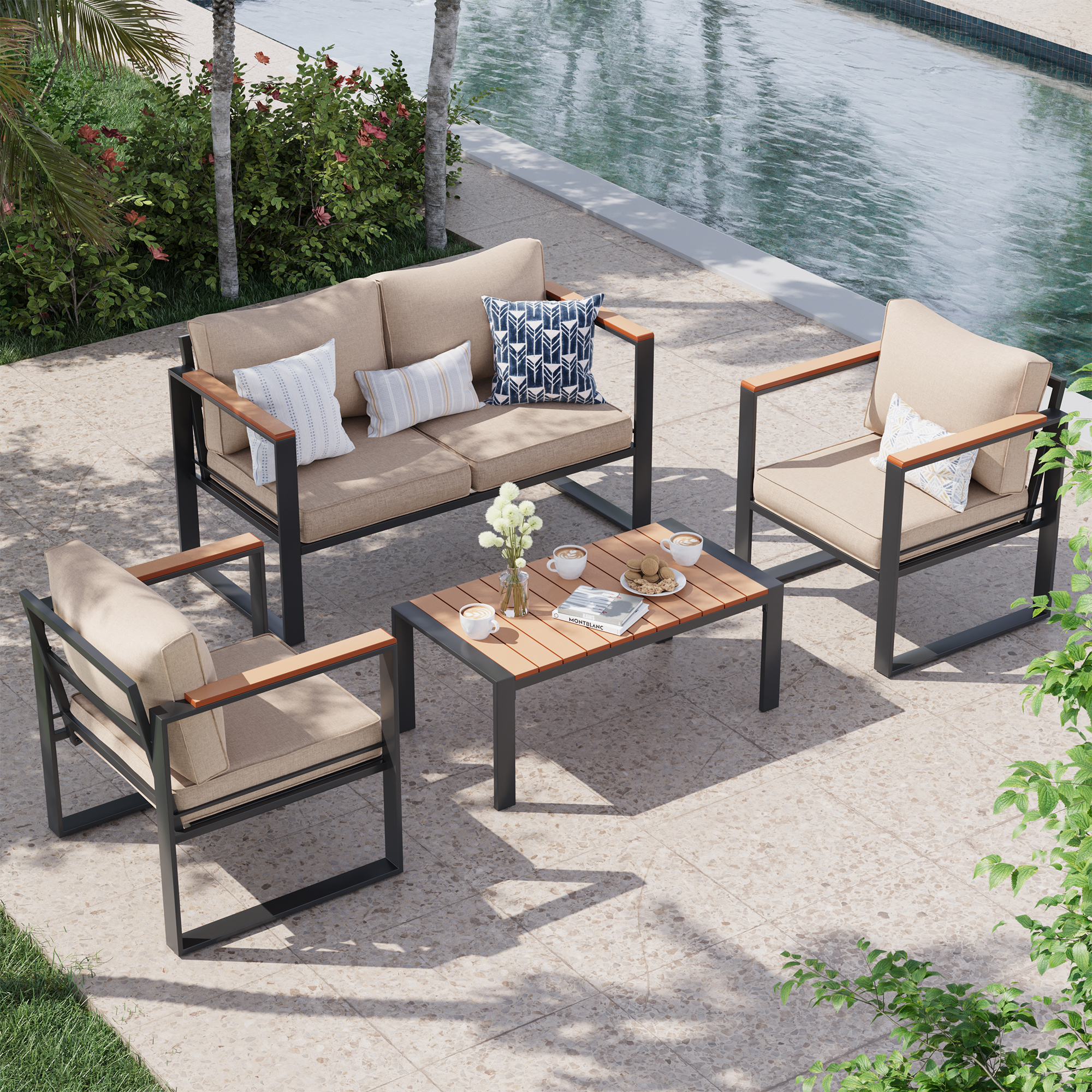 View of ECOPATIO 4 Pieces Patio Furniture Set, Metal Patio Conversation Set ...