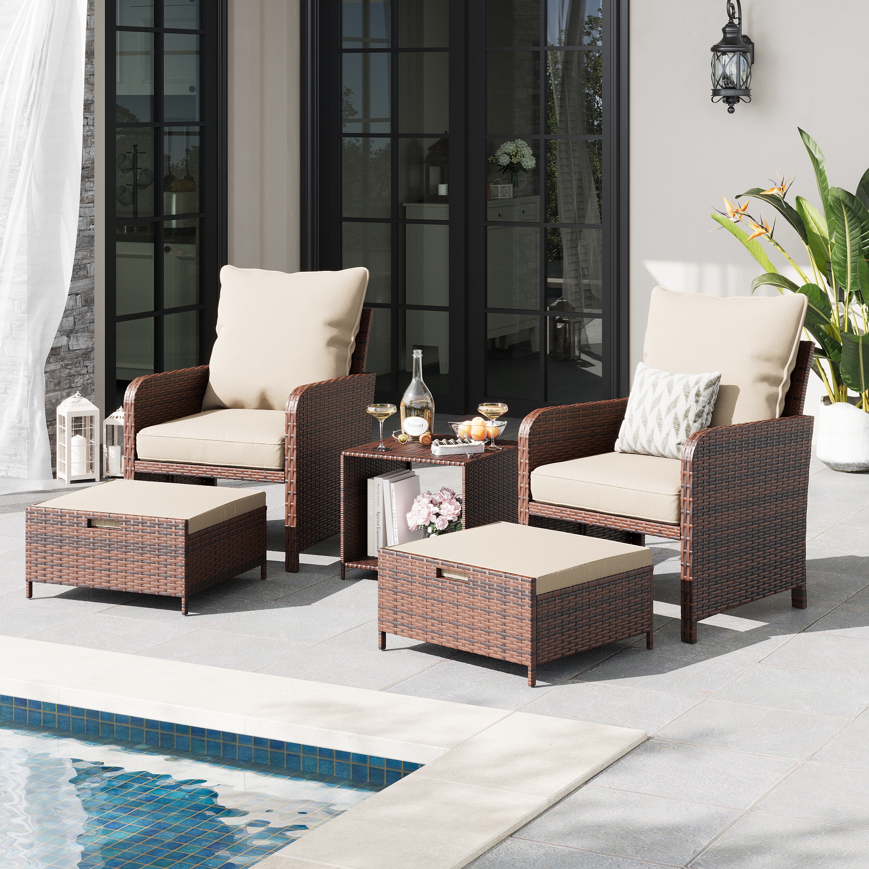 ECOPATIO 5-Piece Patio Furniture Set, Rattan Chair with Ottomans ...