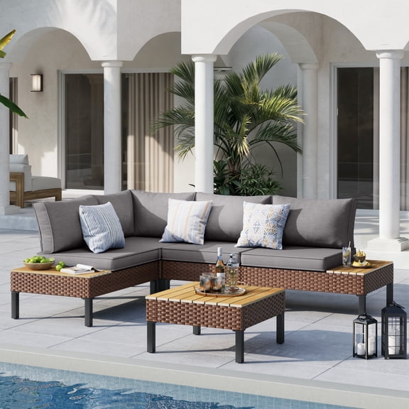 MRUAKA L Shaped Conversation Sectional Sofa Set with Coffee Table, 5 Pieces Patio Furniture Seating Group with Side Table for Backyard Garden, Gray