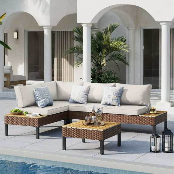 MRUAKA L Shaped Conversation Sectional Sofa Set with Coffee Table, 5 Pieces Patio Furniture Seating Group with Side Table for Backyard Garden, Beige Grey