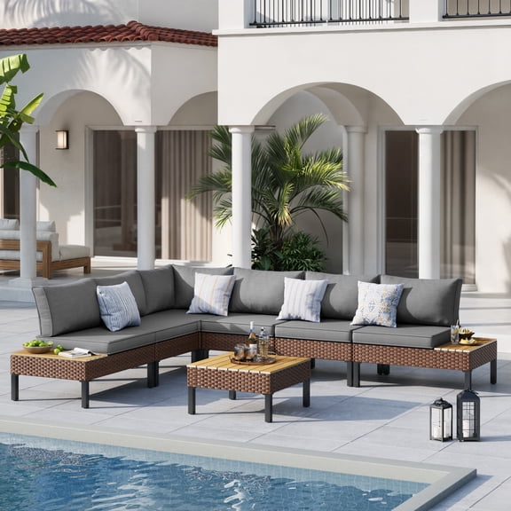 MRUAKA L Shaped Conversation Sectional Sofa Set with Coffee Table, 7 Pieces Patio Furniture Seating Group with Side Table for Backyard Garden, Gray