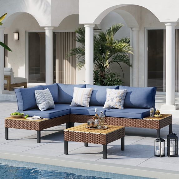 MRUAKA L Shaped Conversation Sectional Sofa Set with Coffee Table, 7 Pieces Patio Furniture Seating Group with Side Table for Backyard Garden, Navy