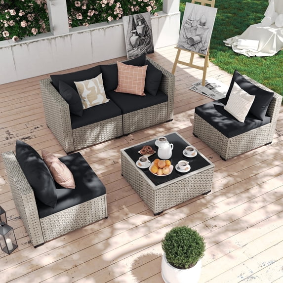 MRUAKA 5 Pieces Patio Conversation Set, Outdoor Sectional PE Rattan Wicker Furniture Seat,BLACK