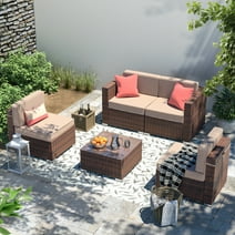 ECOPATIO 5 Pieces Patio Conversation Set, Outdoor Sectional PE Rattan Wicker Furniture Seat,Beige
