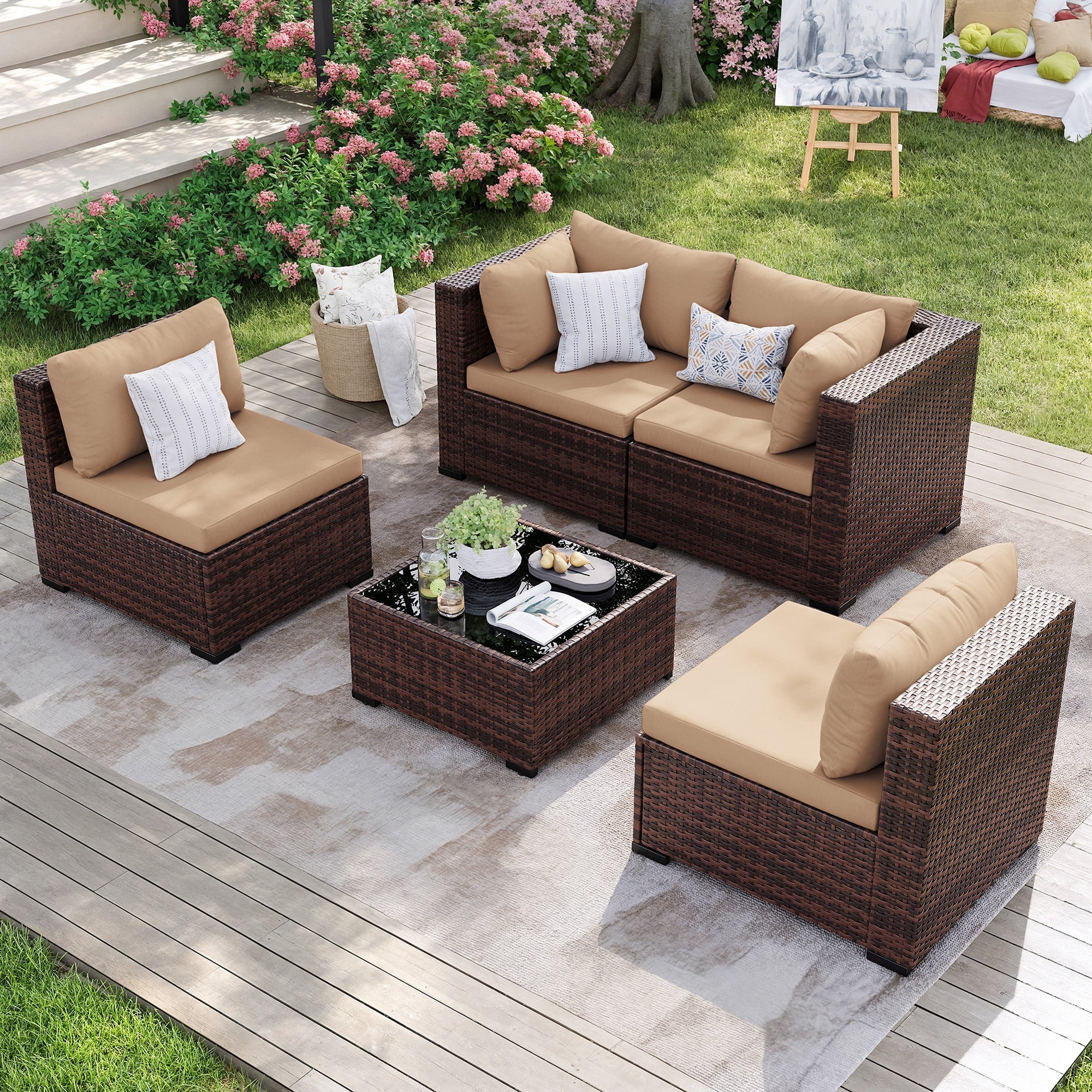ECOPATIO 5-Piece Outdoor Patio Conversation Set, PE Rattan Wicker ... - Outdoor Eco Patio Furniture Sets