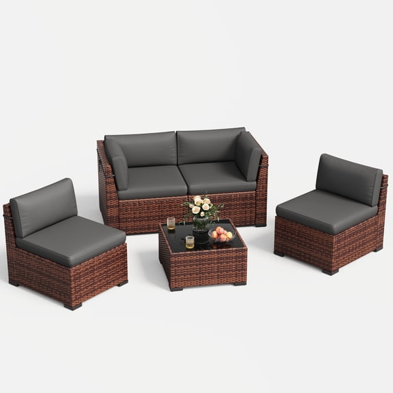 MRUAKA 5 Pieces Patio Conversation Set, Outdoor Sectional PE Rattan Wicker Furniture Seat,Grey
