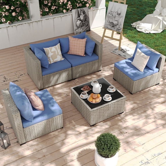 MRUAKA 5 Pieces Patio Conversation Set, Outdoor Sectional PE Rattan Wicker Furniture Seat,Haze Blue