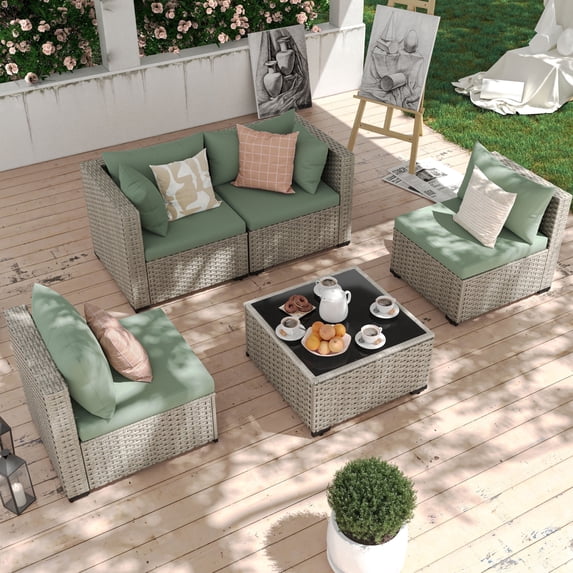 MRUAKA 5 Pieces Patio Conversation Set, Outdoor Sectional PE Rattan Wicker Furniture Seat,Light Green