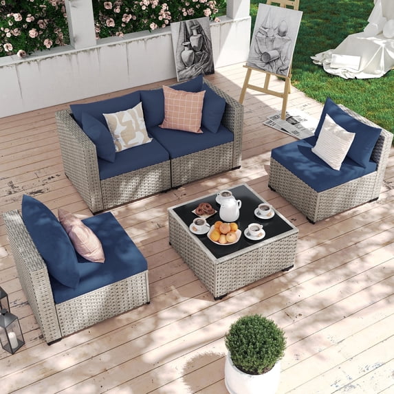 MRUAKA 5 Pieces Patio Conversation Set, Outdoor Sectional PE Rattan Wicker Furniture Seat,NAVY