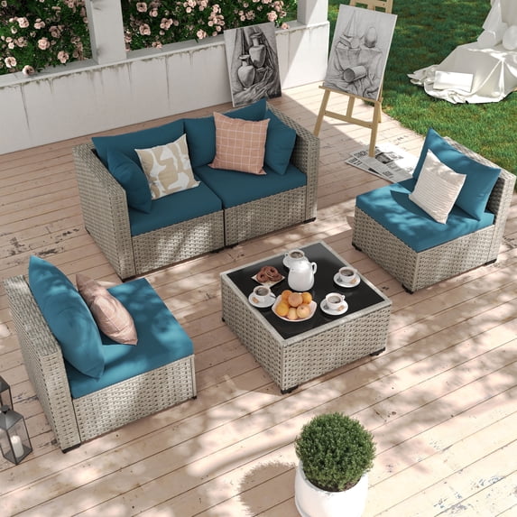 MRUAKA 5 Pieces Patio Conversation Set, Outdoor Sectional PE Rattan Wicker Furniture Seat,Peacock Blue
