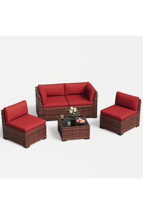 5 Pieces Patio Conversation Set, Outdoor Sectional PE Rattan Wicker Furniture Seat,Red