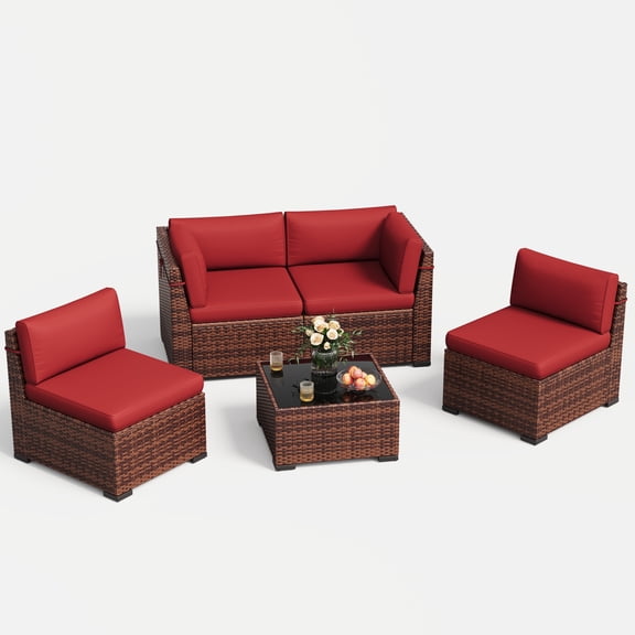 MRUAKA 5 Pieces Patio Conversation Set, Outdoor Sectional PE Rattan Wicker Furniture Seat,Red
