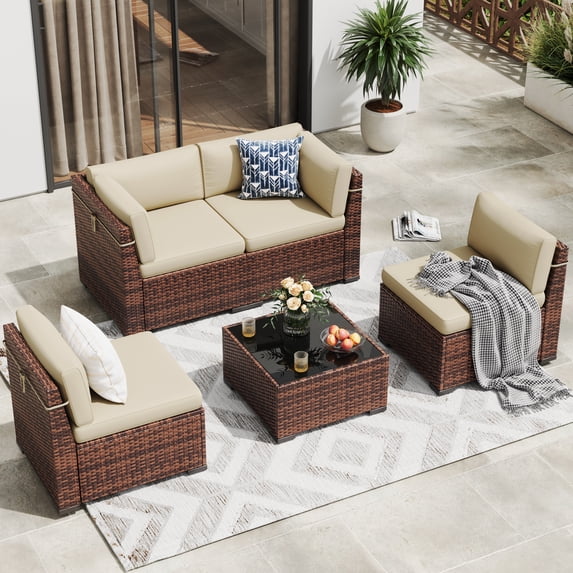MRUAKA 5 Pieces Patio Furniture Set, Outdoor Furniture Sectional Rattan Sofa with Slanted Back, Patio Couch with Glass Coffee Table for Backyard Garden (Khaki)