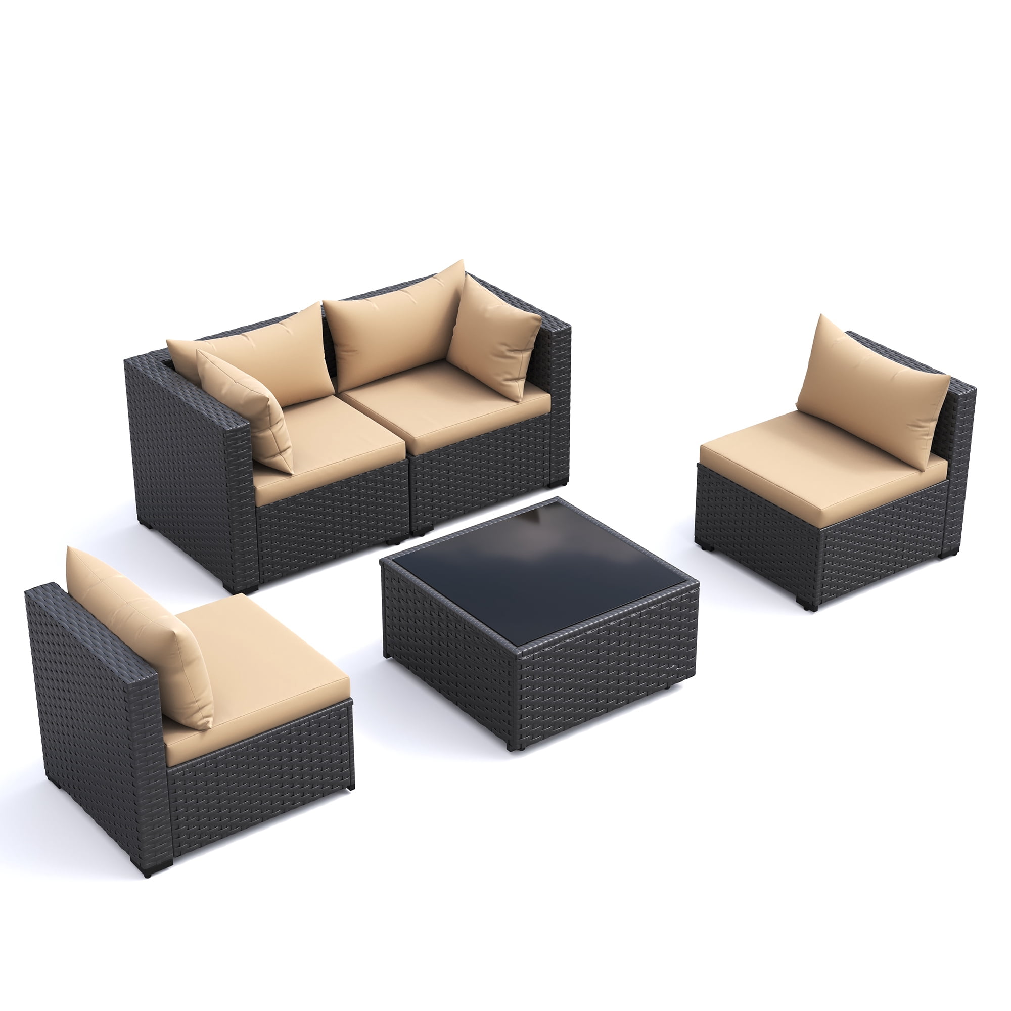 MRUAKA 5 Pieces Patio Furniture Set, Outdoor Furniture Sectional Rattan Sofa with Slanted Back, Patio Couch with Glass Coffee Table for Backyard Garden (Khaki)