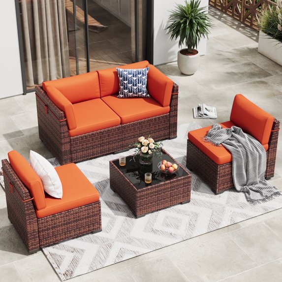 MRUAKA 5 Pieces Patio Furniture Set, Outdoor Furniture Sectional Rattan Sofa with Slanted Back, Patio Couch with Glass Coffee Table for Backyard Garden (Orange)
